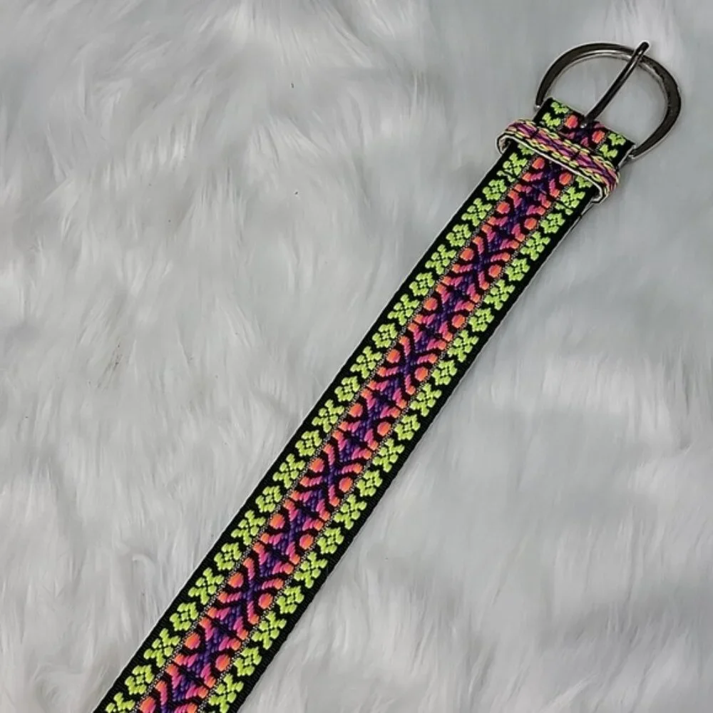JUSTICE Girl's Y2K 80s Neon Embroidered Stitched Boho Silver‎ Hardware Belt L